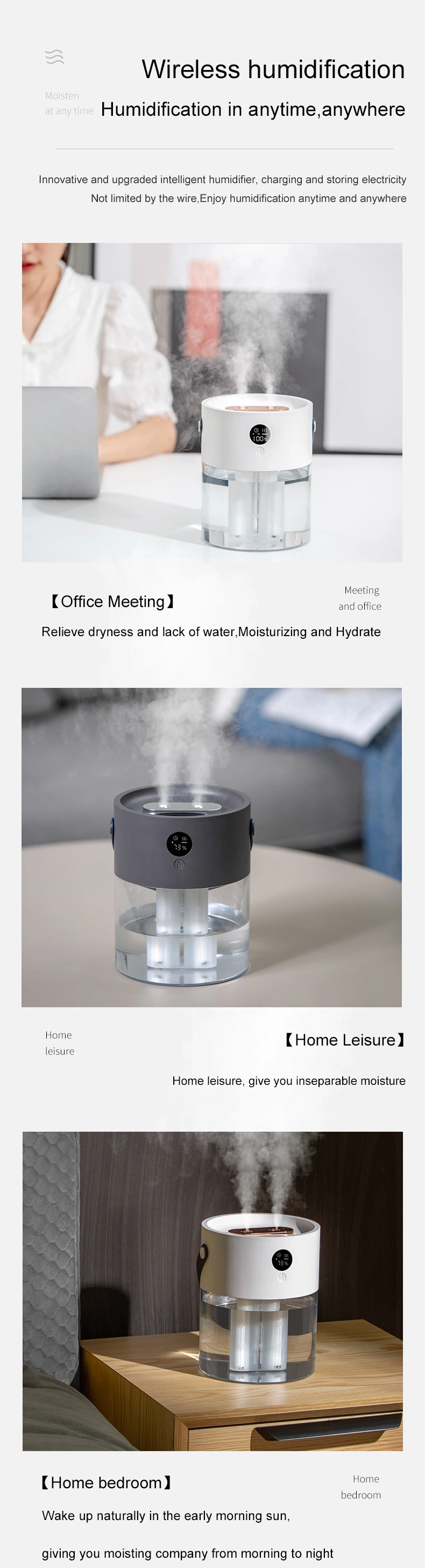 Amazon 2020 Innovation Home Appliances 2L Double Mist Air Humidifiers Rechargeable Battery Portable Humidifier