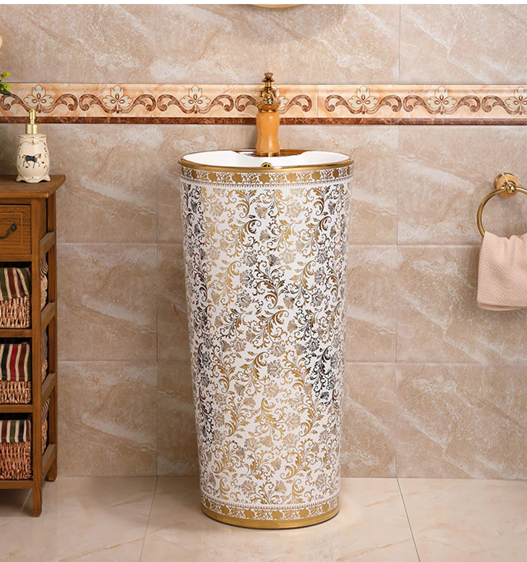 European-Style Golden Washbasin One-Piece Ceramic Pedestal Washbasin Floor-Standing Washbasin