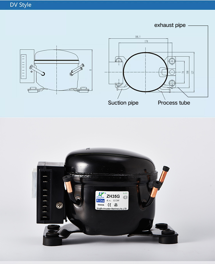 HuaJun Factory ZH35G High Quality 12/24V DC Refrigerator Ice Machine/ R-134a 1.06 COP Cold Storage Compressor
