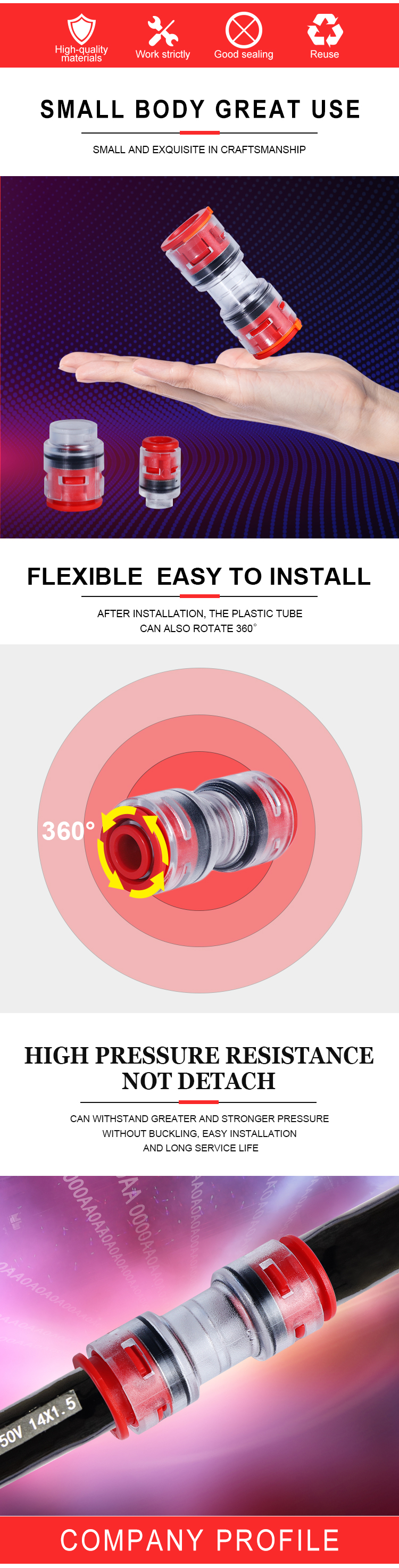 Plastic body straight male cord coupler push-fit connector