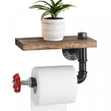 Industrial Wall Mounted Tissue Holder with Wooden Shelf