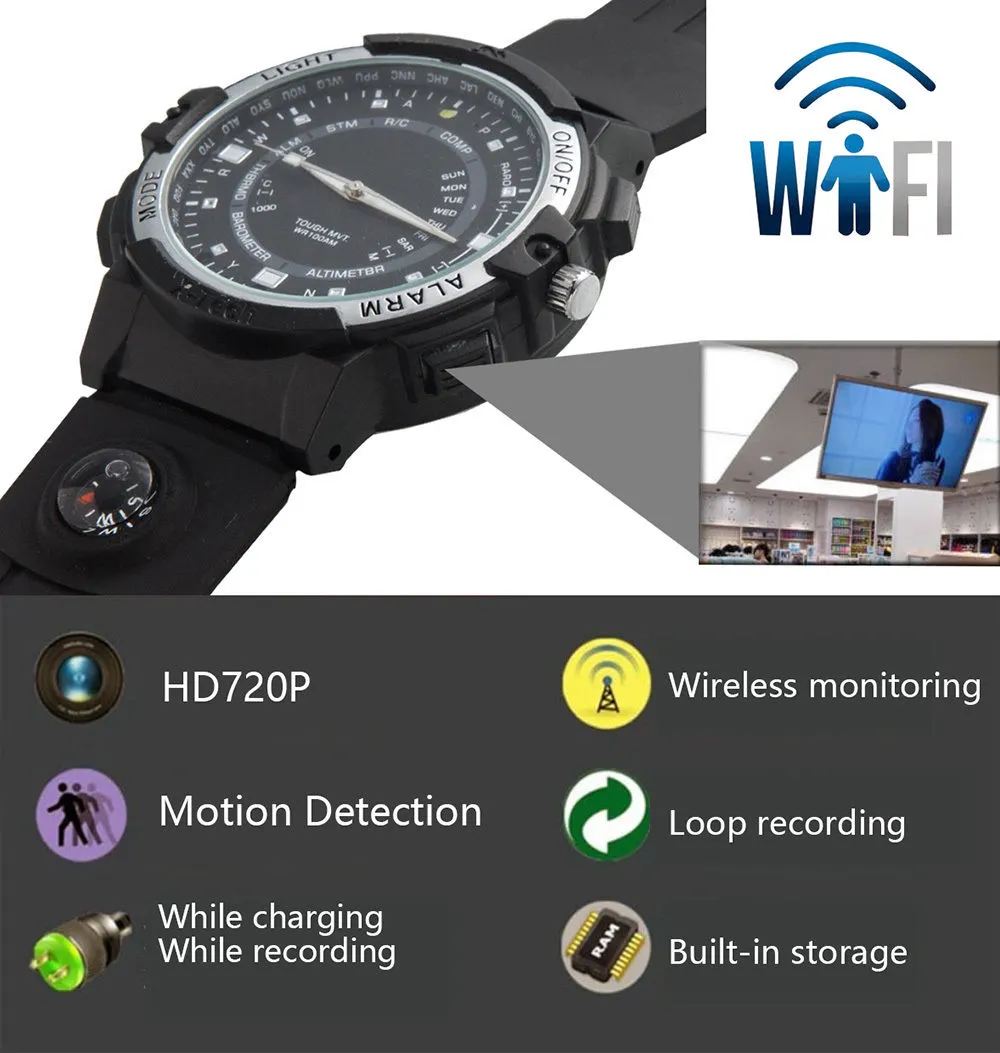 HD 720p WiFi P2p IP Watch Camera Mini Hidden Watch Cam with LED