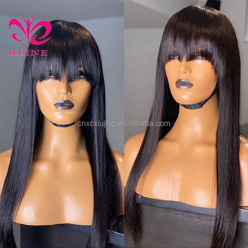 Cheap 100% Human Hair Wig With Bangs Straight Human Hair Wigs For Black Women Cheap Brazilian Straight Black Long Fringe Wig