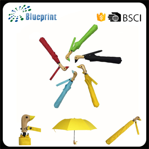 Cute Advertising Wooden Duck Handle 2 Telescopic Folding Umbrella