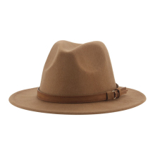 Classic Autumn Winter Men's Flat Brim Large Eaves Fedora Hat with Belt Buckle