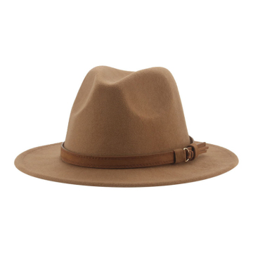 Classic Autumn Winter Men's Flat Brim Large Eaves Fedora Hat with Belt Buckle