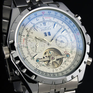 Jargar Men Gent White Tourbillon Date Aviator Mechanical Watch
