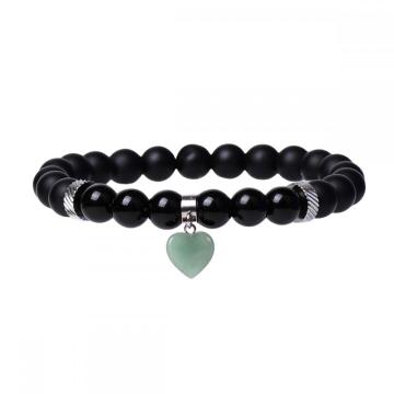 8MM Black Matte Onyx Round Beads With 15MM Gemstone Heart Charm Pendant Bracelet Crystal Beads Stretch Bracelet for Women Men