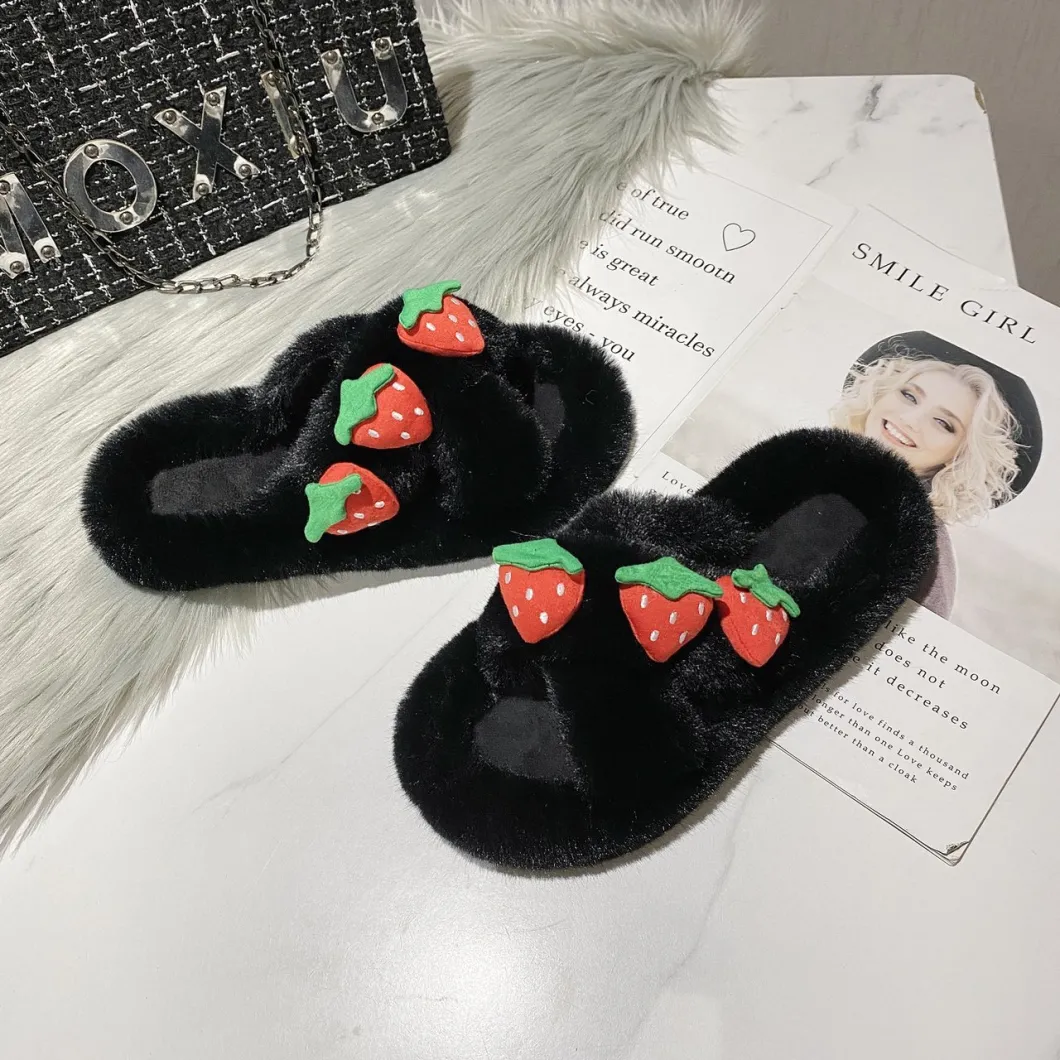 Fancy New Design Strawberry Pattern Crisscross Fluffy Slippers Flat Shoes and Slippers for Women