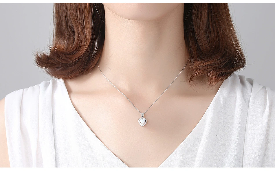 S925 Silver CZ Delicate Opal Stone Heart Pendant Necklace