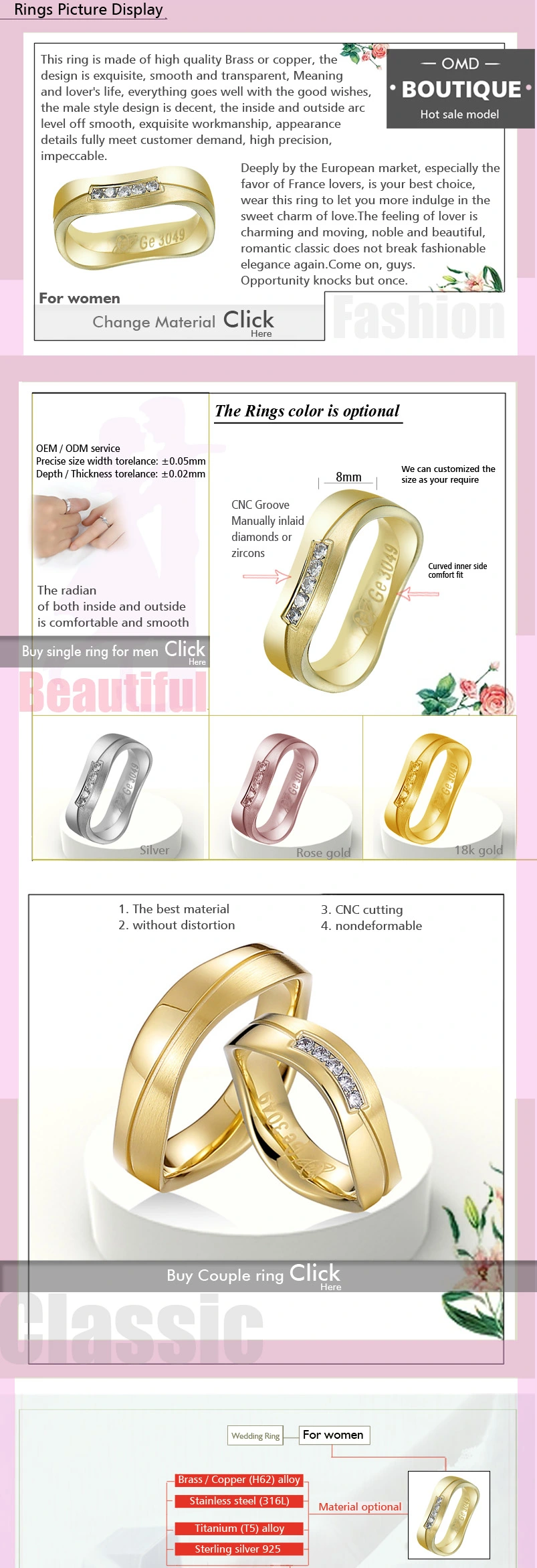 Simple Design Curve Shape Round Finger Wedding Ring for Couples