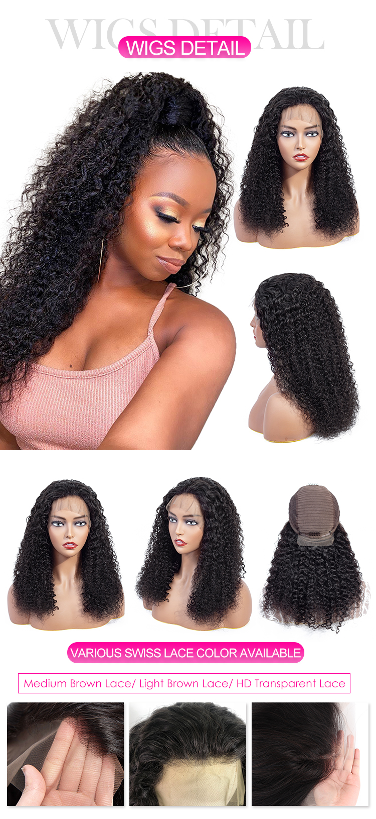 Ruixin Wig Making Supplies Swiss Lace Asian Women Lady 26 Inch Lace Front 100% Human Virgin European Hair Kinky Curly Lace Wig