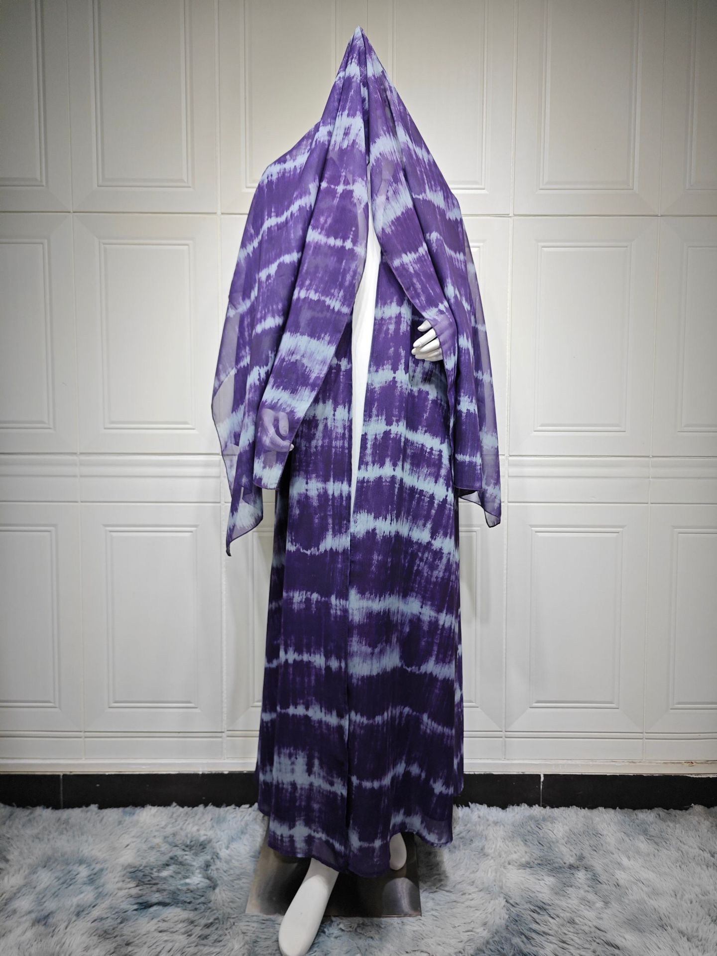 ست حجاب با رنگ بنفش باز ابایا MQ269 (12) Purple Tie-Dye Open Abaya Matching Hijab Set MQ269 (12)