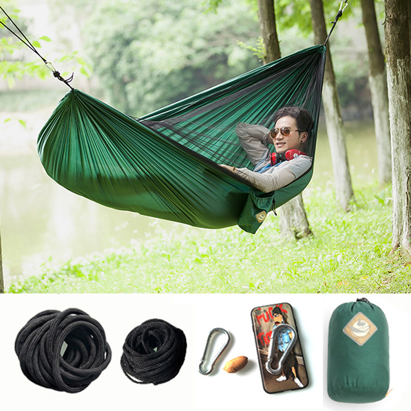 Portable Camping Single Double Hammock with Tree Straps, Lightweight Nylon Parachute Hammocks with Mosquito Net