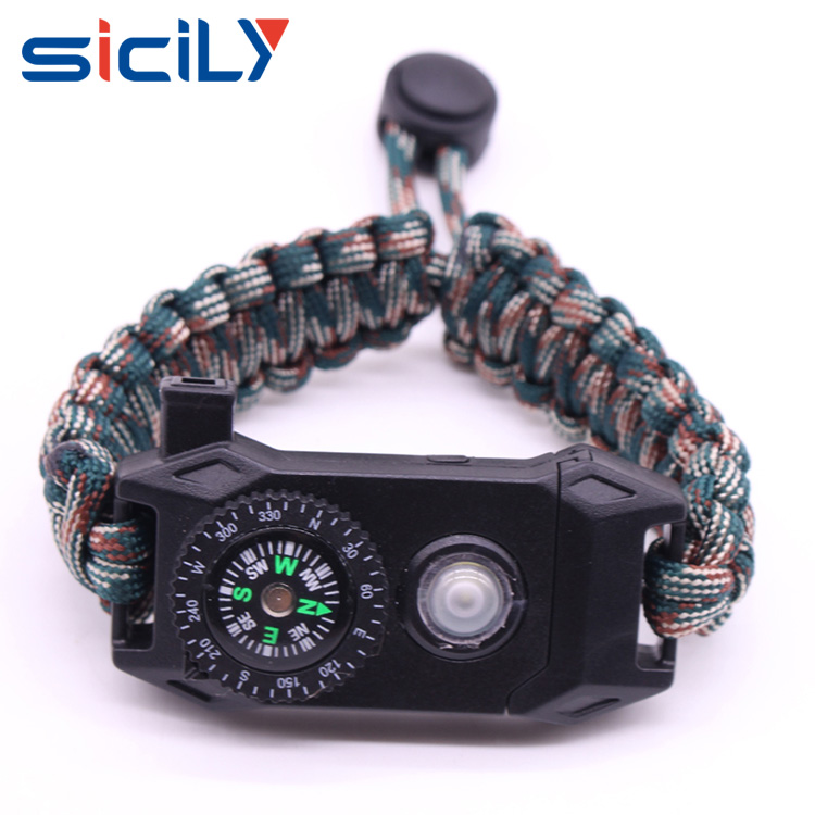 Wholesale woven paracord survival bracelet with fire starter buckle led