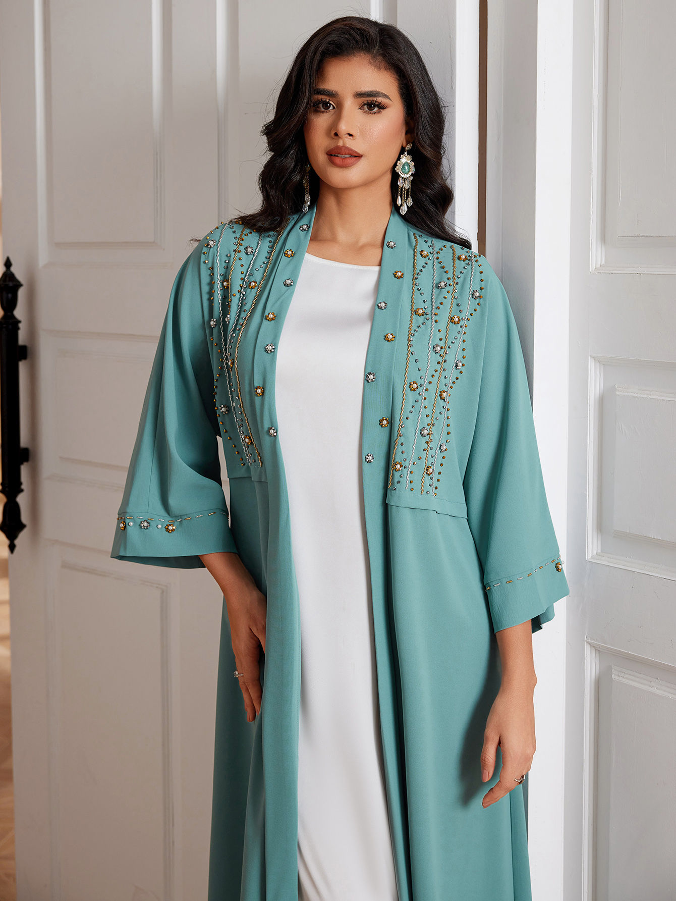 ژاکت کش باف پشمی با منجوق باز دستی (4) Hand Beaded Open Abaya Cardigan (4)