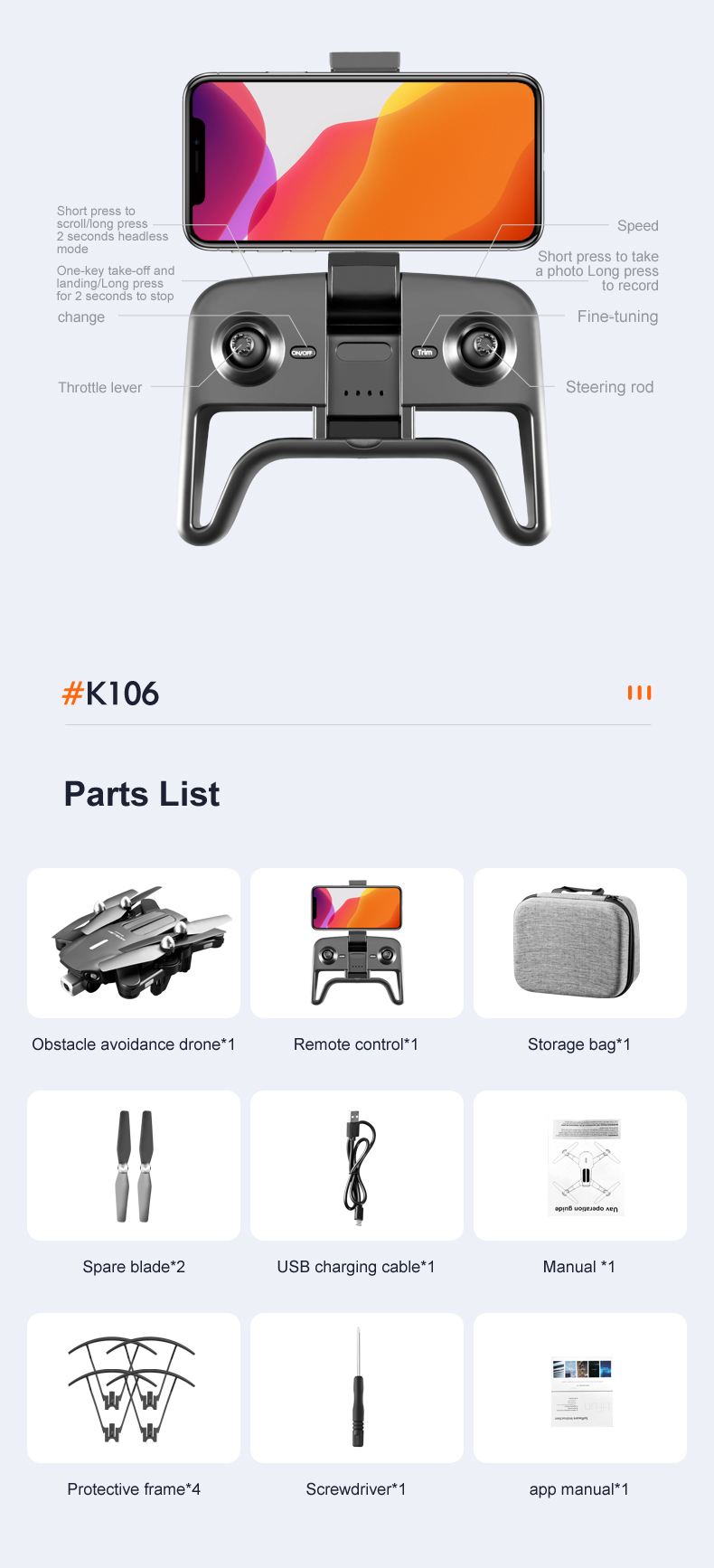 New Drone K106 4K HD Profesional Camera With LED Light propeller Visual Obstacle Avoidance Optical Flow Foldable Quadcopter