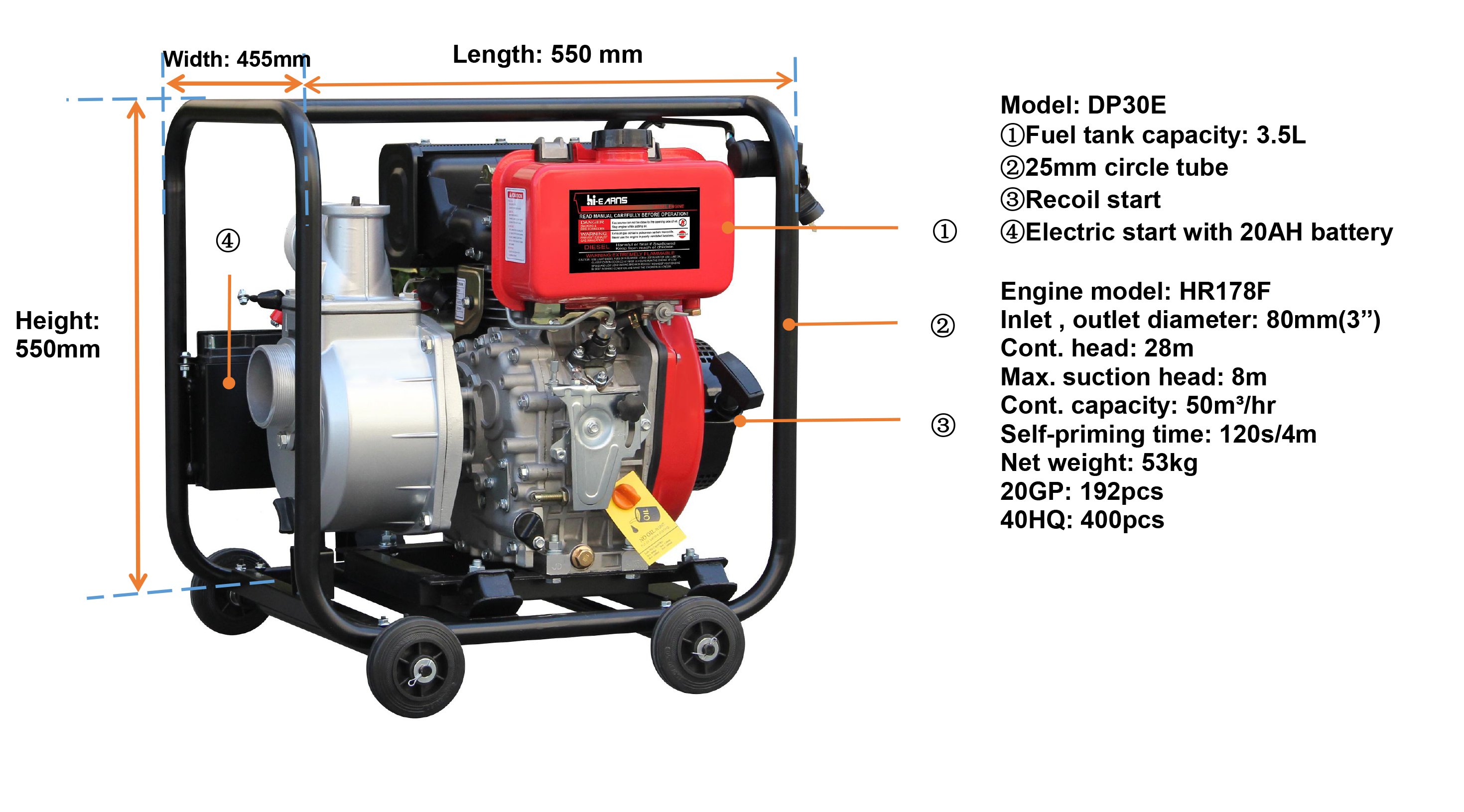 6hp 178F Air-cooled diesel engine 3 inch water pump with wheels