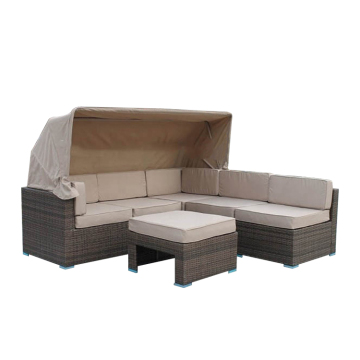 Outdoor Sectional Rattan Daybed with Canopy Chaise Sofa Set