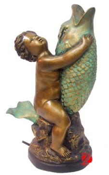 Garden garden bronze boy statue riding a fish