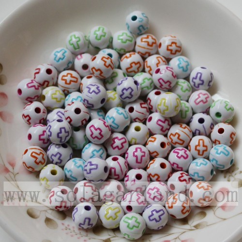 Perles rondes en acrylique lavé uni avec motif en croix
