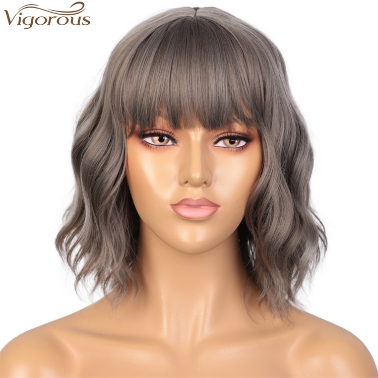 Vigorous Best Sale Wholesale Price Short Bob Grey Wig With Neat Bangs Synthetic Wave Wigs Heat Resistant Fiber