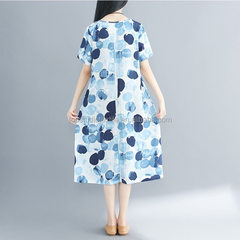 Plus size print linen women dresses circle print summer cotton linen casual dress