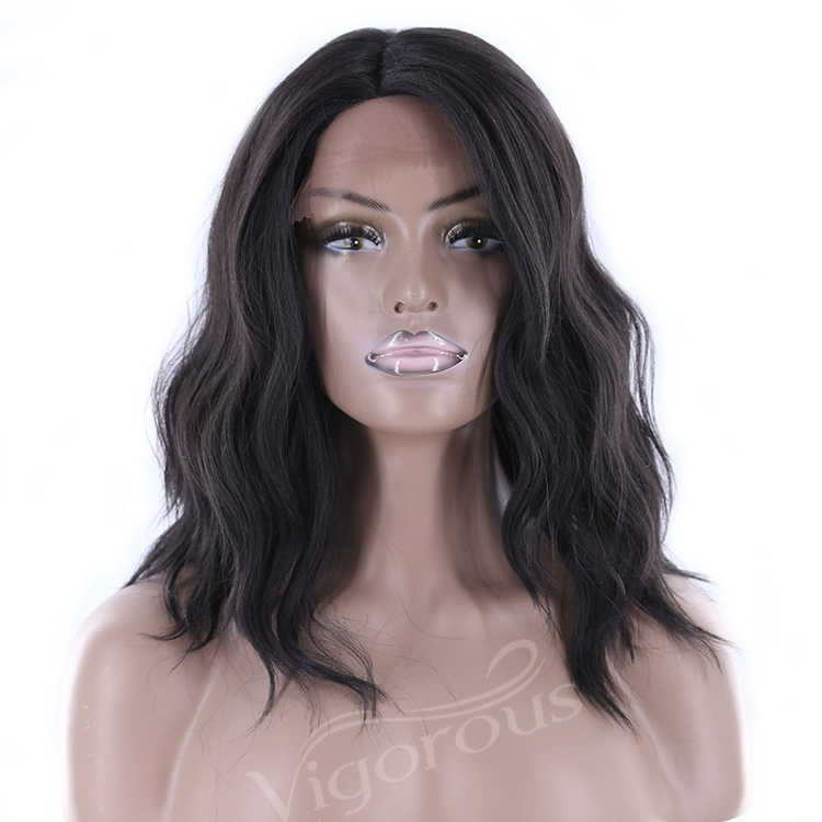 Vigorous quality free part deep wave curly short black realistic pre plucked lace front heat resistant synthetic blend wig