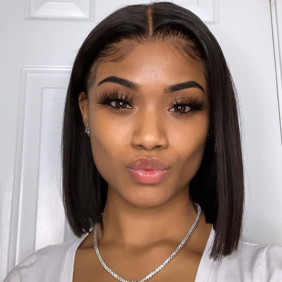 Bob Human Hair Natural Black 8-14 Inch Silky Straight Peruvian Short Bob Wigs Lace Front