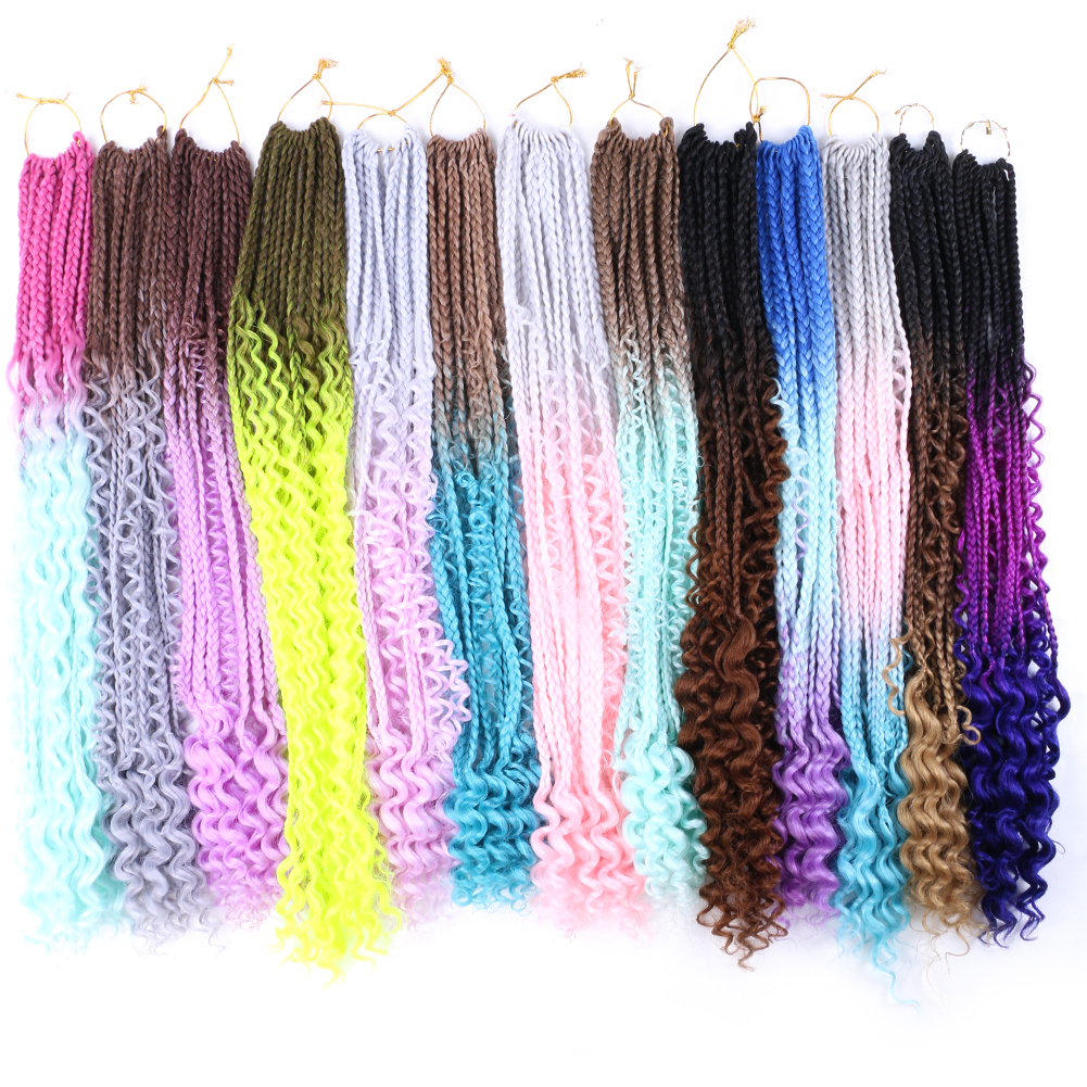 Hot sell  Crochet Bohemian Hair  Goddess Locs messy box braids with Curly Ombre  Pre-looped Synthetic Boho 3x river box braids