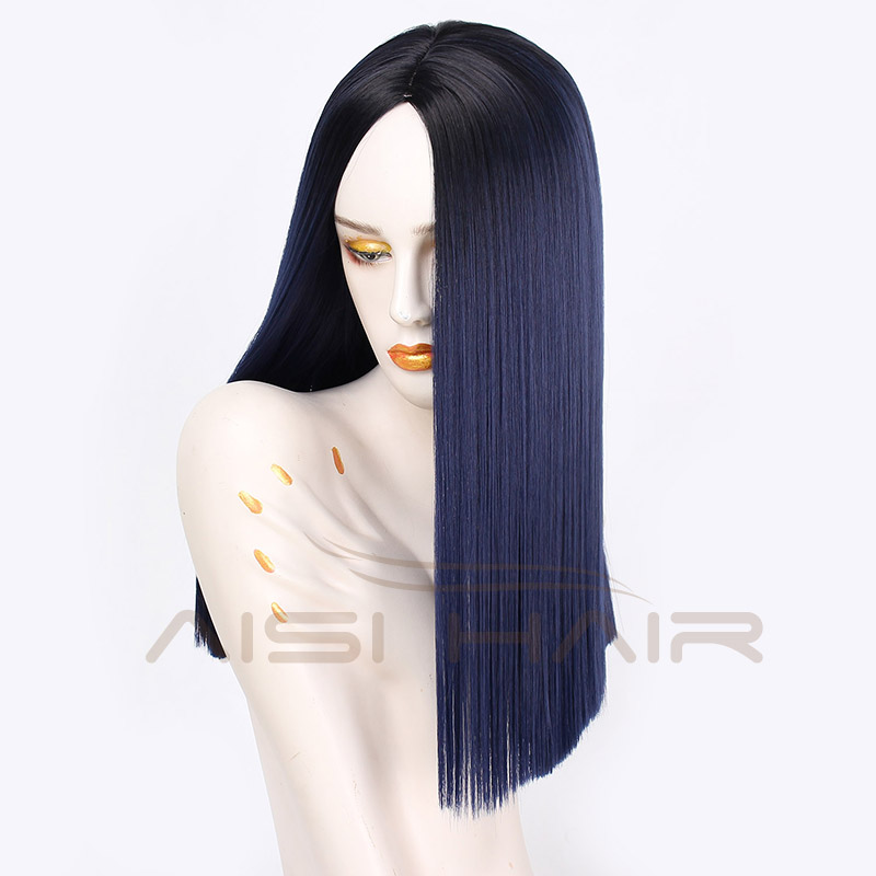 Aisi Hair Wholesale Middle Length Silky Straight Ombre Dark Blue Color Wig Afro Synthetic Cosplay Wigs For Black Women