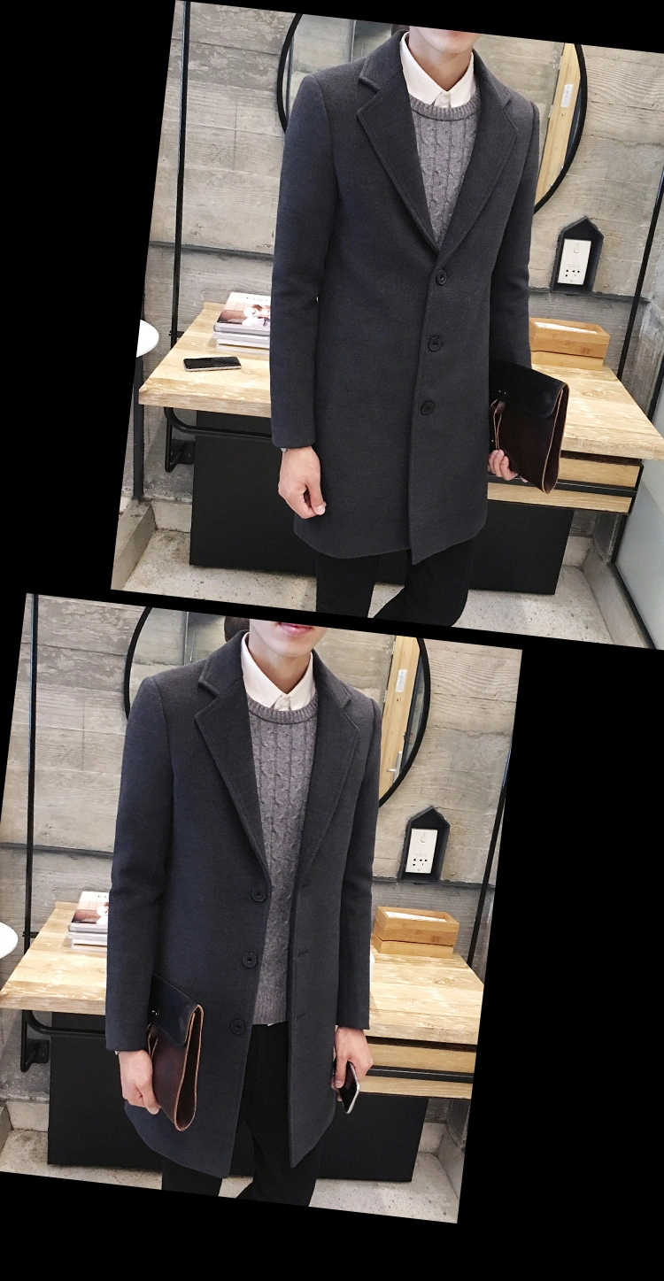 Men's Hong Kong Style Slim MID-Length Woolen Woolen Jacket