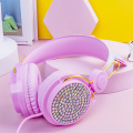Casque câblé pliable casque Unicorn Diamond Kids Headphones avec des oreilles de chat LED Microphone