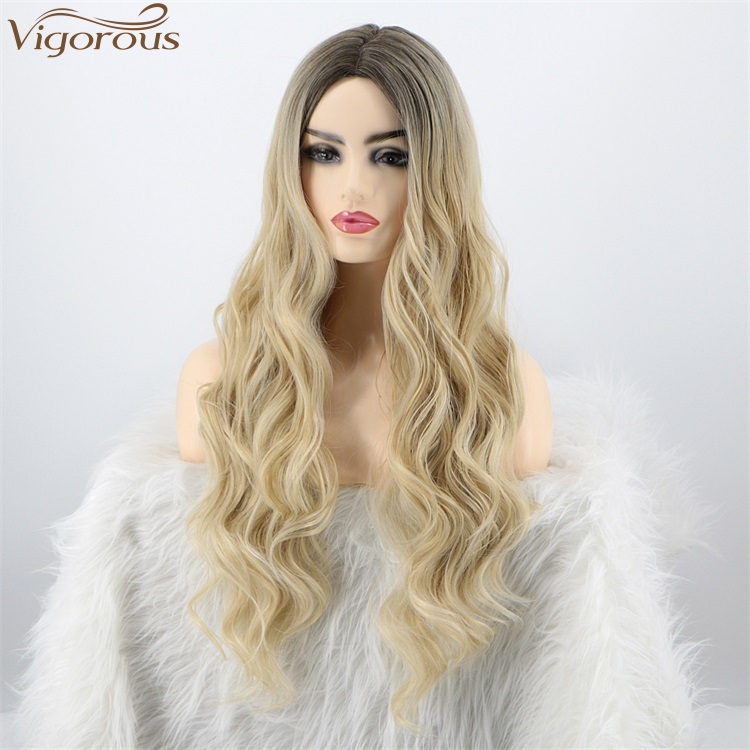 Vigorous Top Quality Long Ombre Blonde Body Wavy Wigs Middle Part Synthetic Fiber Wigs For Black Women Heat Resistant Wholesales