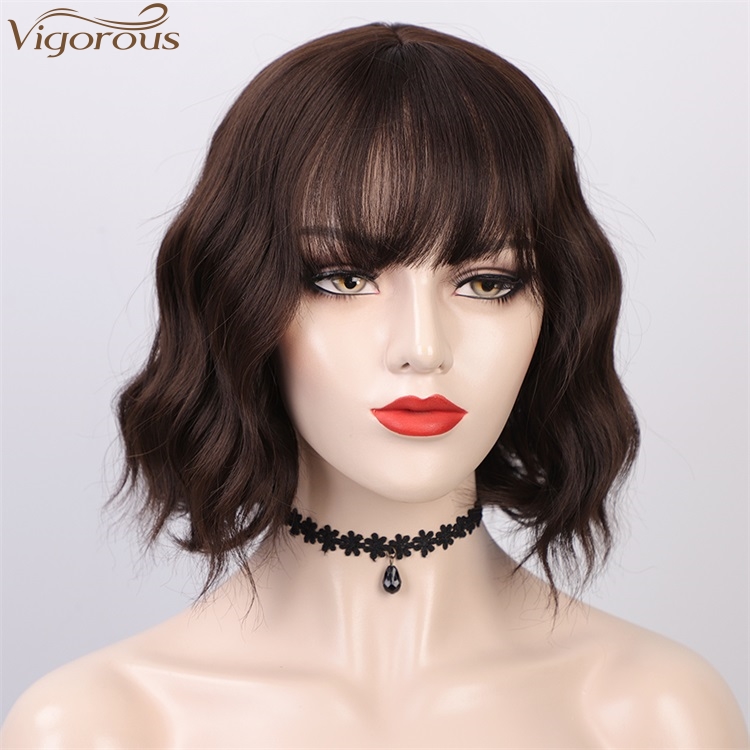 Vigorous New Style Short Bob Brown Wig With Bangs Wavy Wig Heat Resistant Synthetic Fiber Wigs For Black White Women