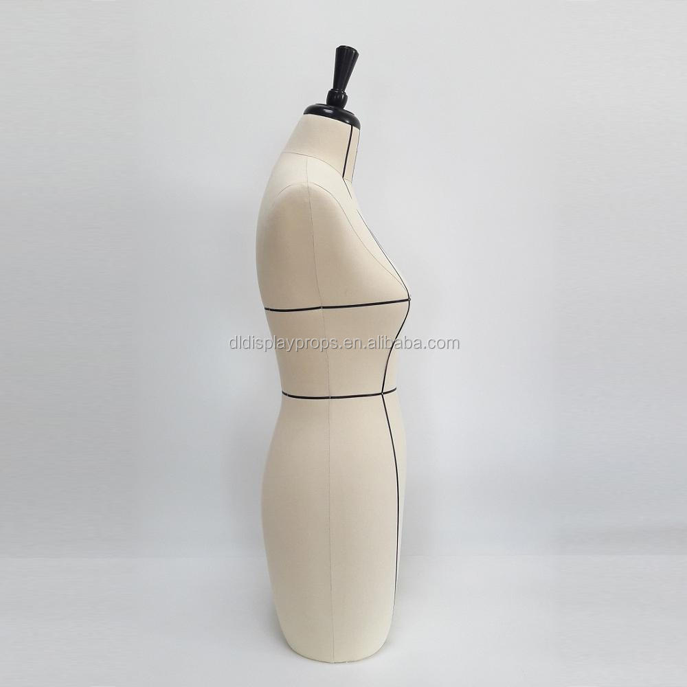 DL014 Female torso mannequin cover with yellow linen fabric, women mannequin with Measurements black Line