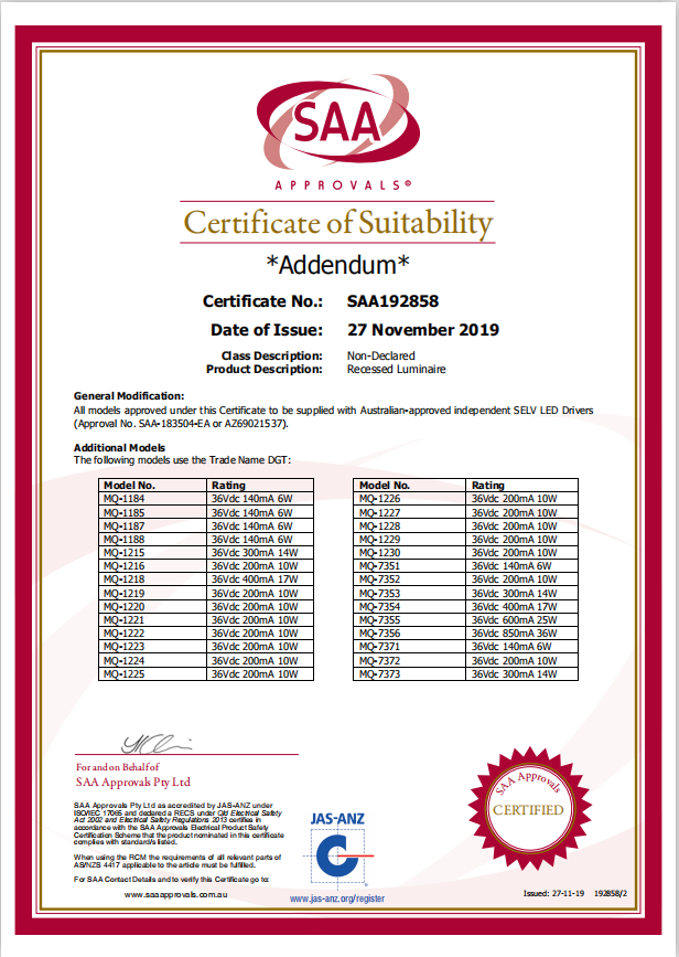 SAA certificate