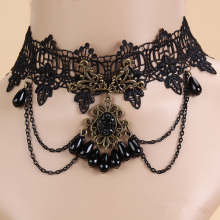 Resin Rhinestone Charm Lace Choker Necklace Gothic