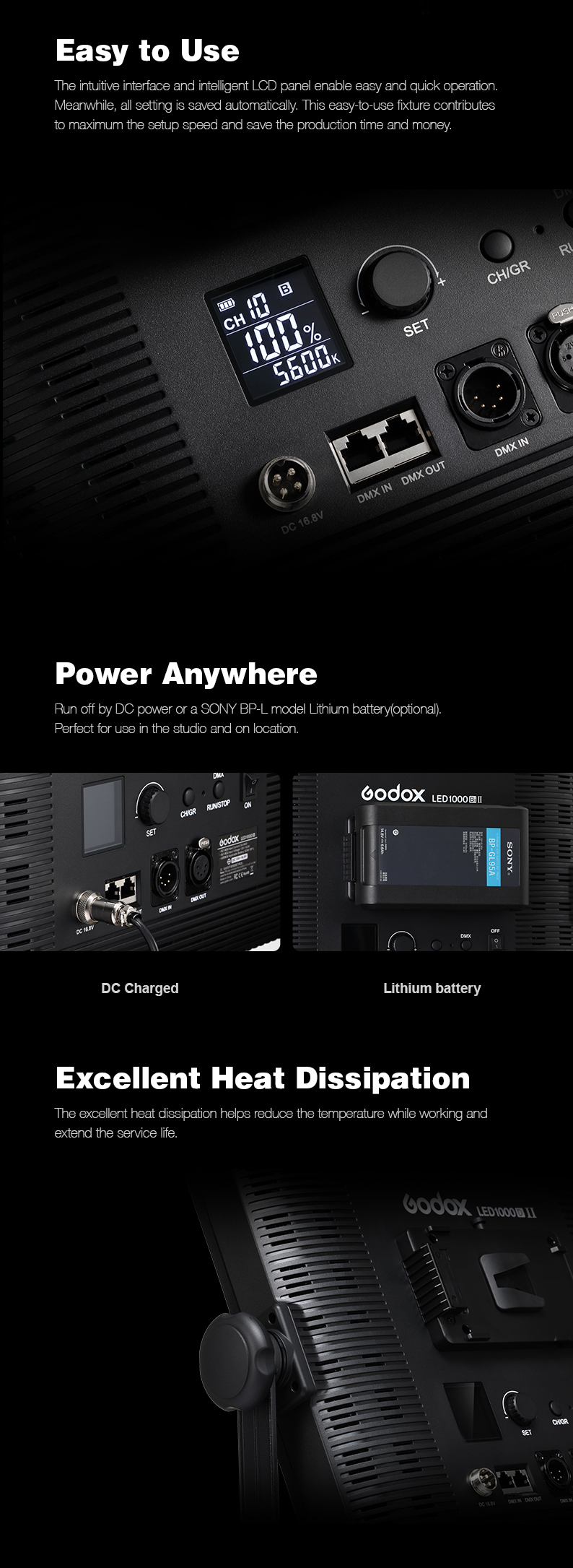 Godox LED1000BI II Bi-color LED1000D II Version LED Video Light DMX Port CRI 96 TLCI 98 with Remote Control LED Continuous Light