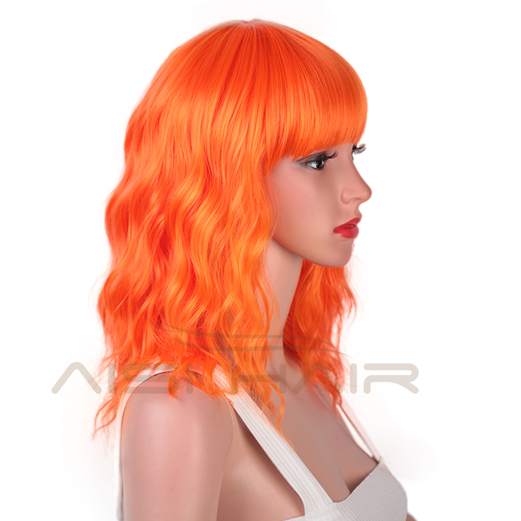 Aisi Hair Wholesale Top Quality Orange Short Bob Wig With Neat Bangs Synthetic Short Curly Wave Wigs For Black Women