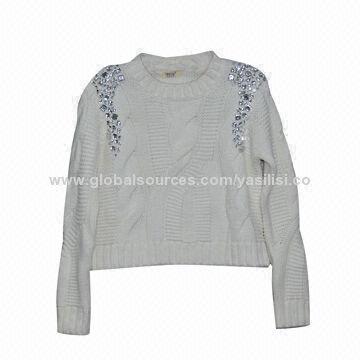 Round-neck knitted blouse with beading in shoulder, 100% acrylic
