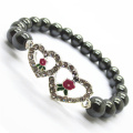 Pulsera Hematite 8MM Round Beads Stretch Gemstone con Diamante aleación doble corazón Pieza