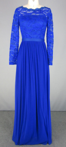 Royal Blue Lace Long Sleeve Chiffon Evening Dress