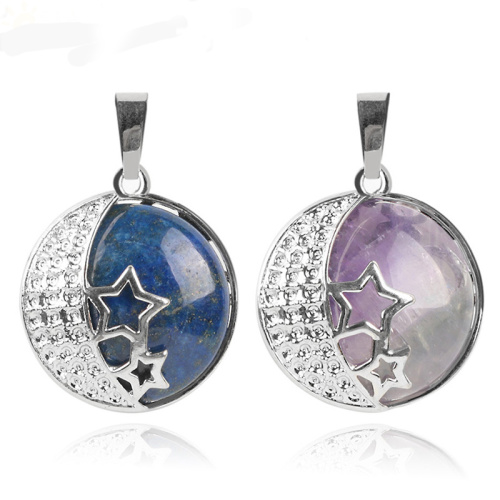 Natural Gemstone Crescent Moon Silver Stars Pendant