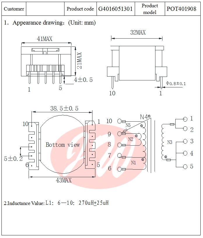 Transformador de alta frecuencia POT4019 POT4019 High-frequency Transformer