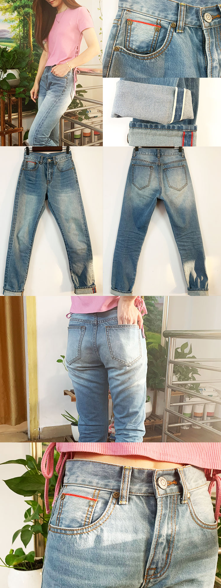 Nhà máy OEM Thiết kế tùy chỉnh Bán buôn có sẵn màu xanh nhạt Nhật Bản Denim 13oz Skinny Phụ nữ quần jean