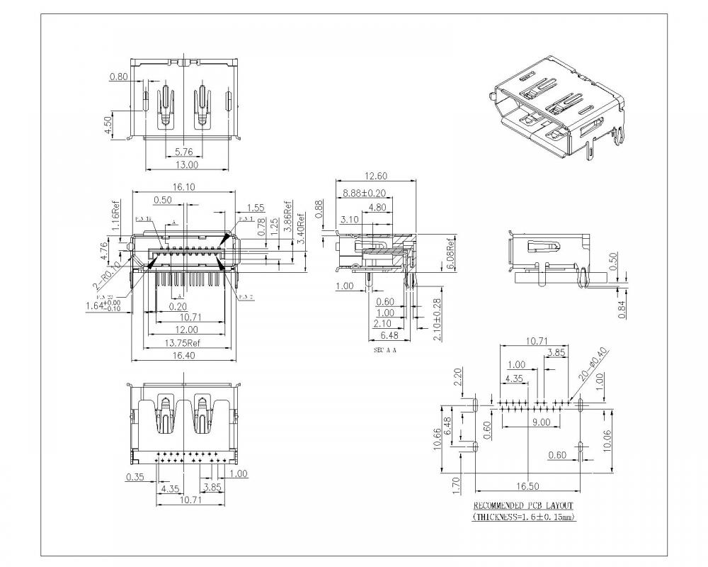 Display Port Female DIP With Fork Legs,Without Boss