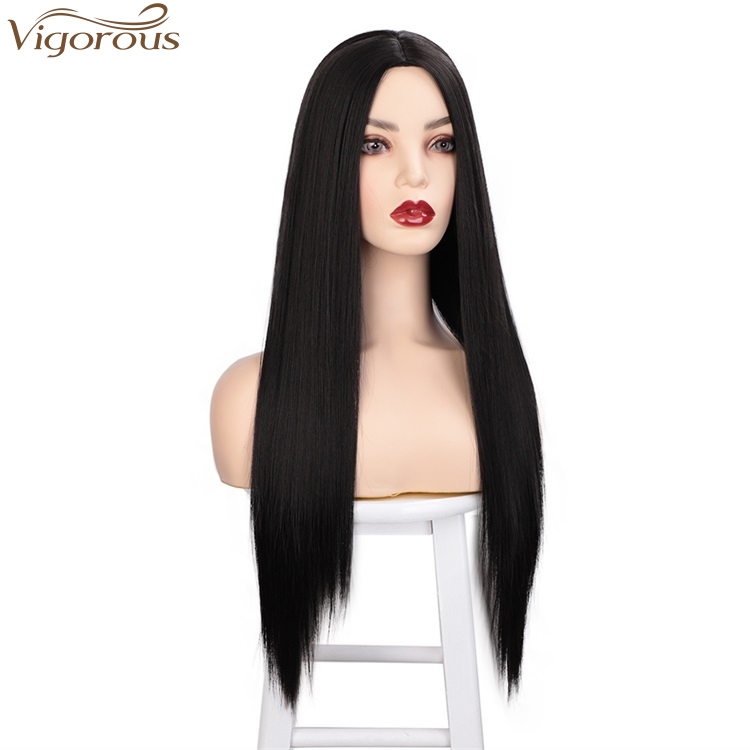 Vigorous Long Silky Natural Black Straight Synthetic Wigs Middle Part Wigs For Women Daily Use Wigs Wholesale Price