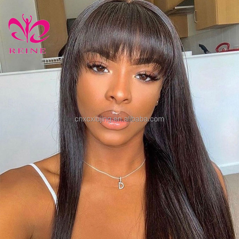 Cheap 100% Human Hair Wig With Bangs Straight Human Hair Wigs For Black Women Cheap Brazilian Straight Black Long Fringe Wig