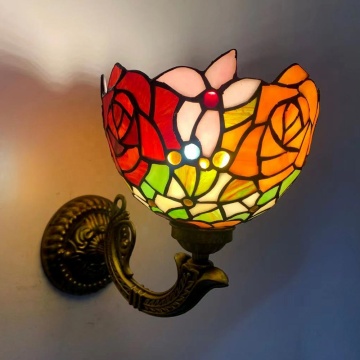 Tiffany Mount Lamp LongHuiJing Stained Glass Rose Flower Wall Sconce for Hotel Decoration